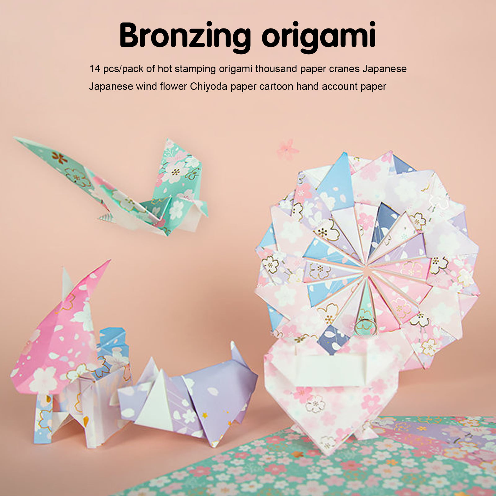 Hesroicy 14 Sheets Origami Papers Japanese Style Decorative Square Flowers  Bronzing Paper Craft Scrapbook Accessories for School 