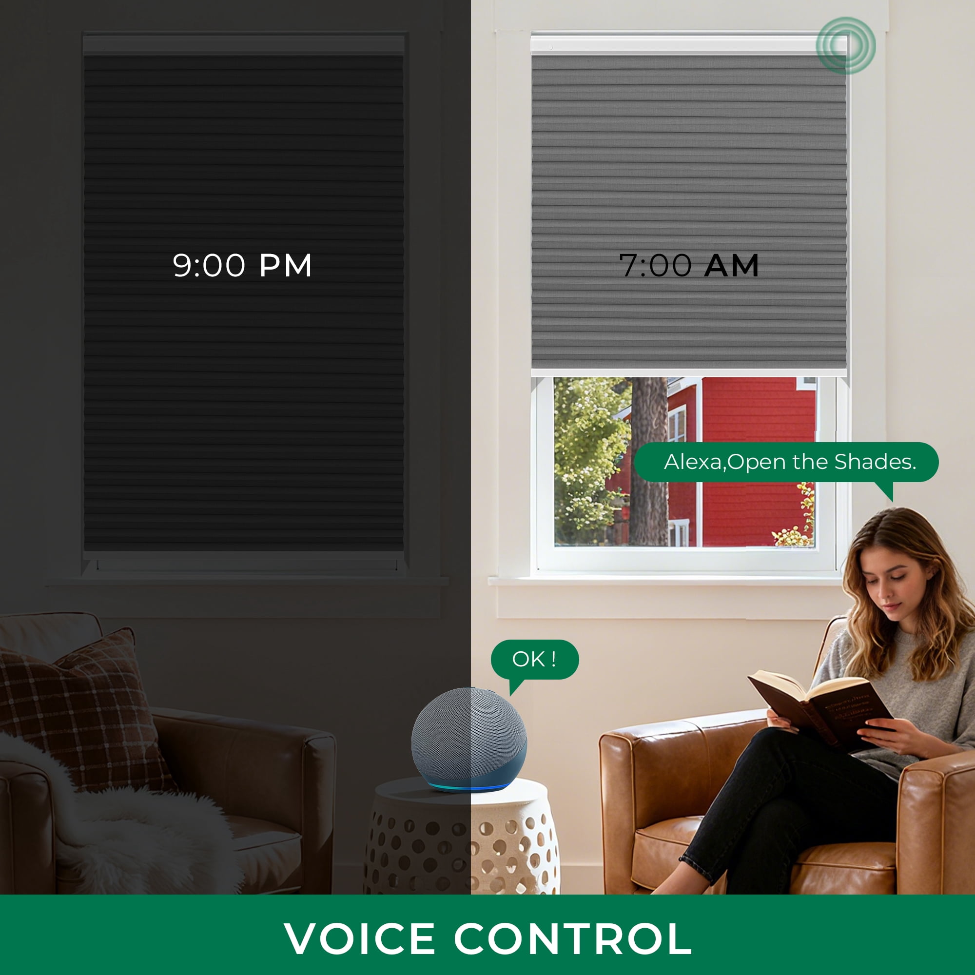 Allesin No Drill Motorized Cellular Shades Quiet Motor 45dB Smart Honeycomb Blinds with App and Voice Control Rechargeable Solar Option Aluminum Rails(45" W x 64" H, 100% Blackout Volcanic Gray)