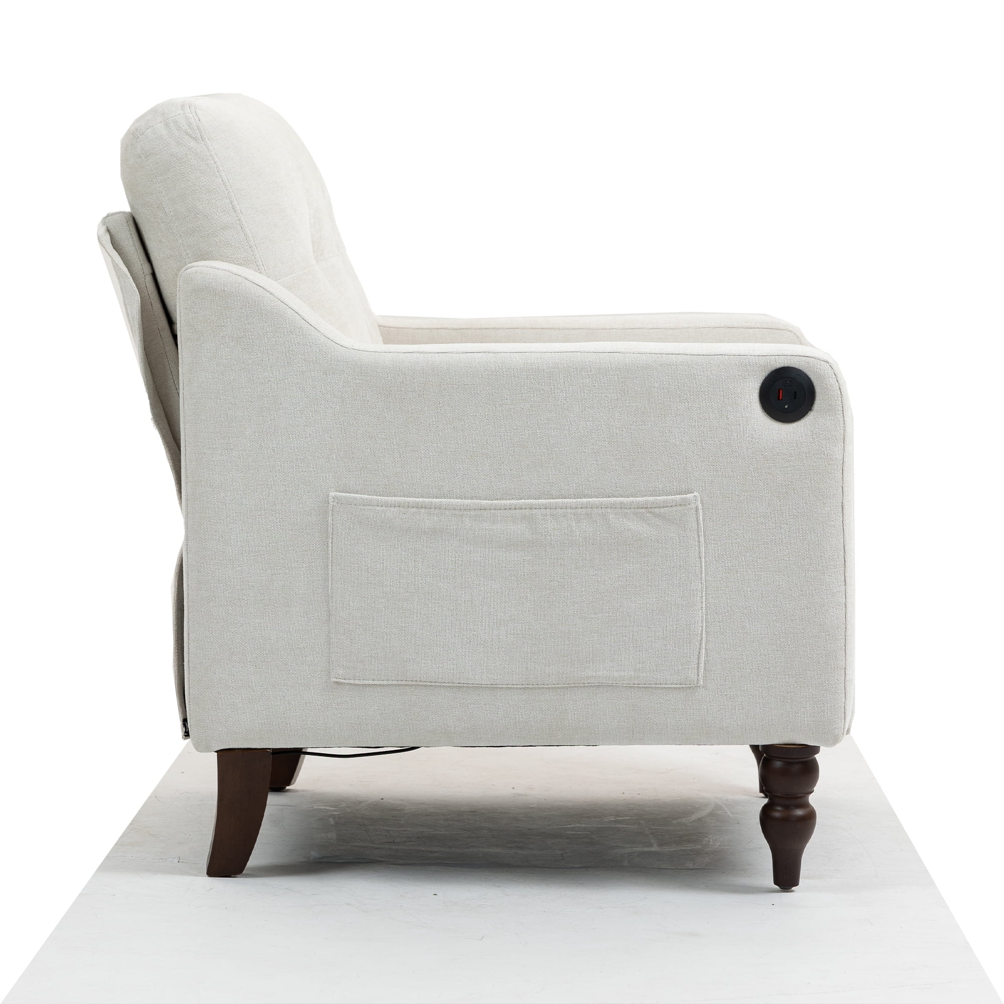 Comfortable armchair with USB charging port, ergonomic wide backrest, vintage wooden legs, comfortable upholstered armchair with side storage for living room bedroom