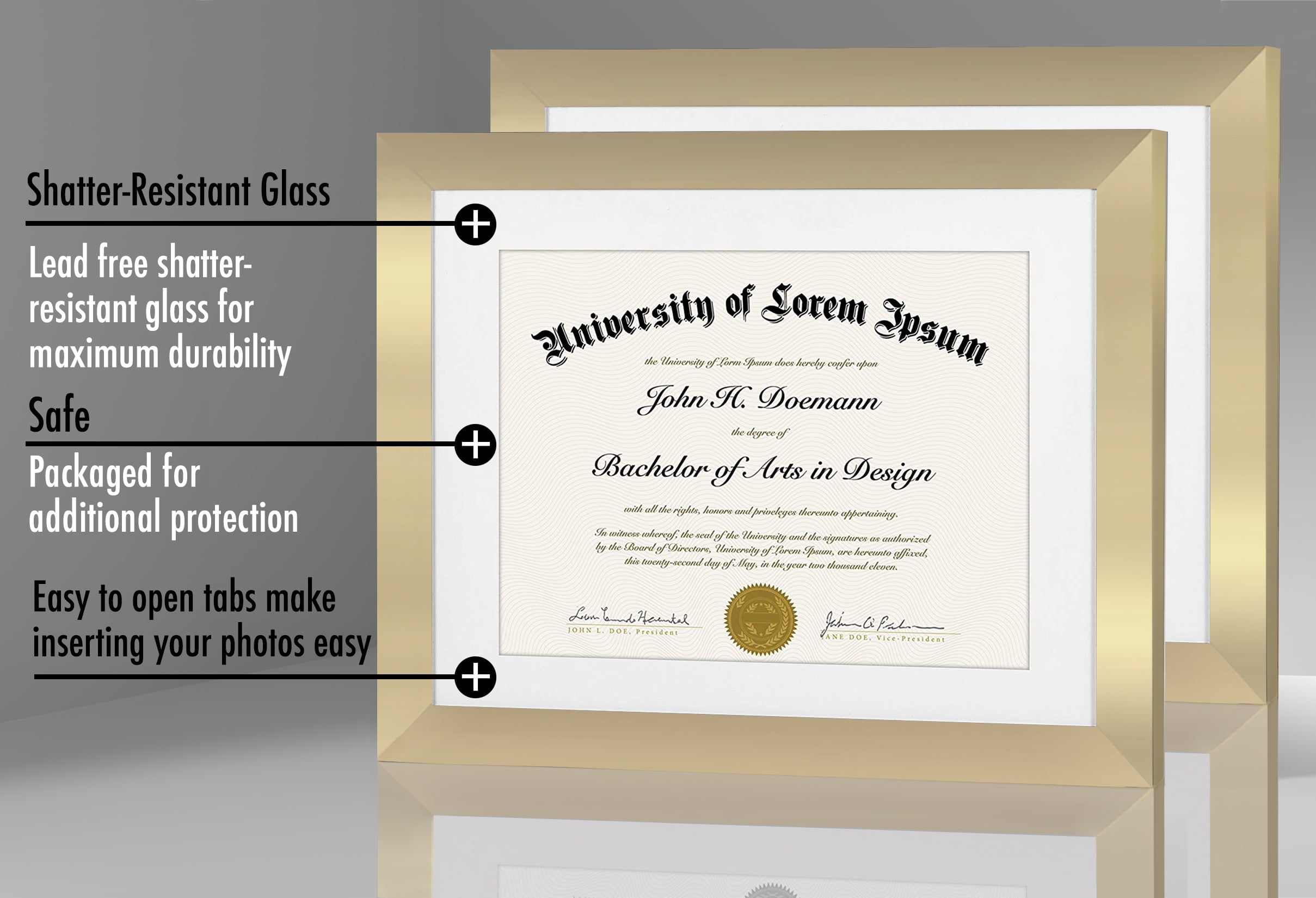 Americanflat 11x14 Diploma Frame with Mat for 8.5x11, MDF wood and shatter-resistant glass, Gold, 2 Pack