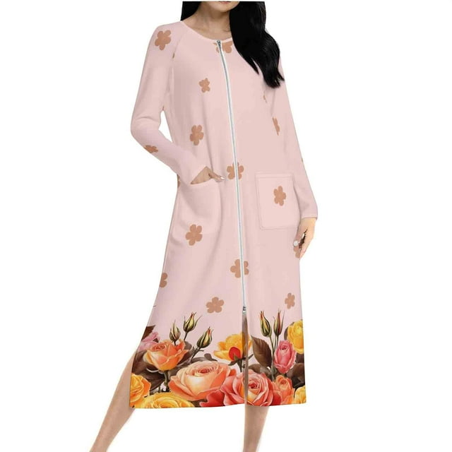 Ovingeta Robe de Nuit Raglan pour Femmes, Tenue d'Intérieur, Robe de Pyjama à Fermeture Éclair Intégrale, Imprimé, Vêtement de Nuit, Blouses Brossées, Vêtements, Robes de Nuit Pleine Longueur, Pyjamas à Manches Longues