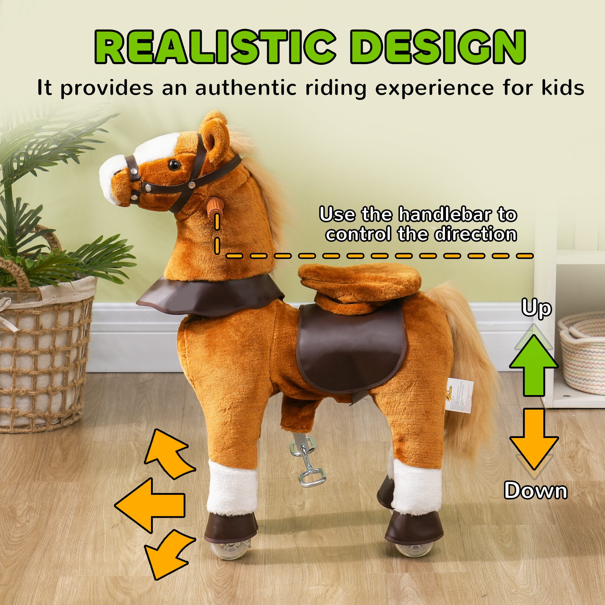 Childrens Bike, Qaba Ride on Horse, Walking Horse Toy, Kids Plush Riding Horse, Pony with Wheels & Neighing Sound for 3-5 Years Old up to 132 Pounds, Brown, Brown Kids Bike,Polyester Girls Bike