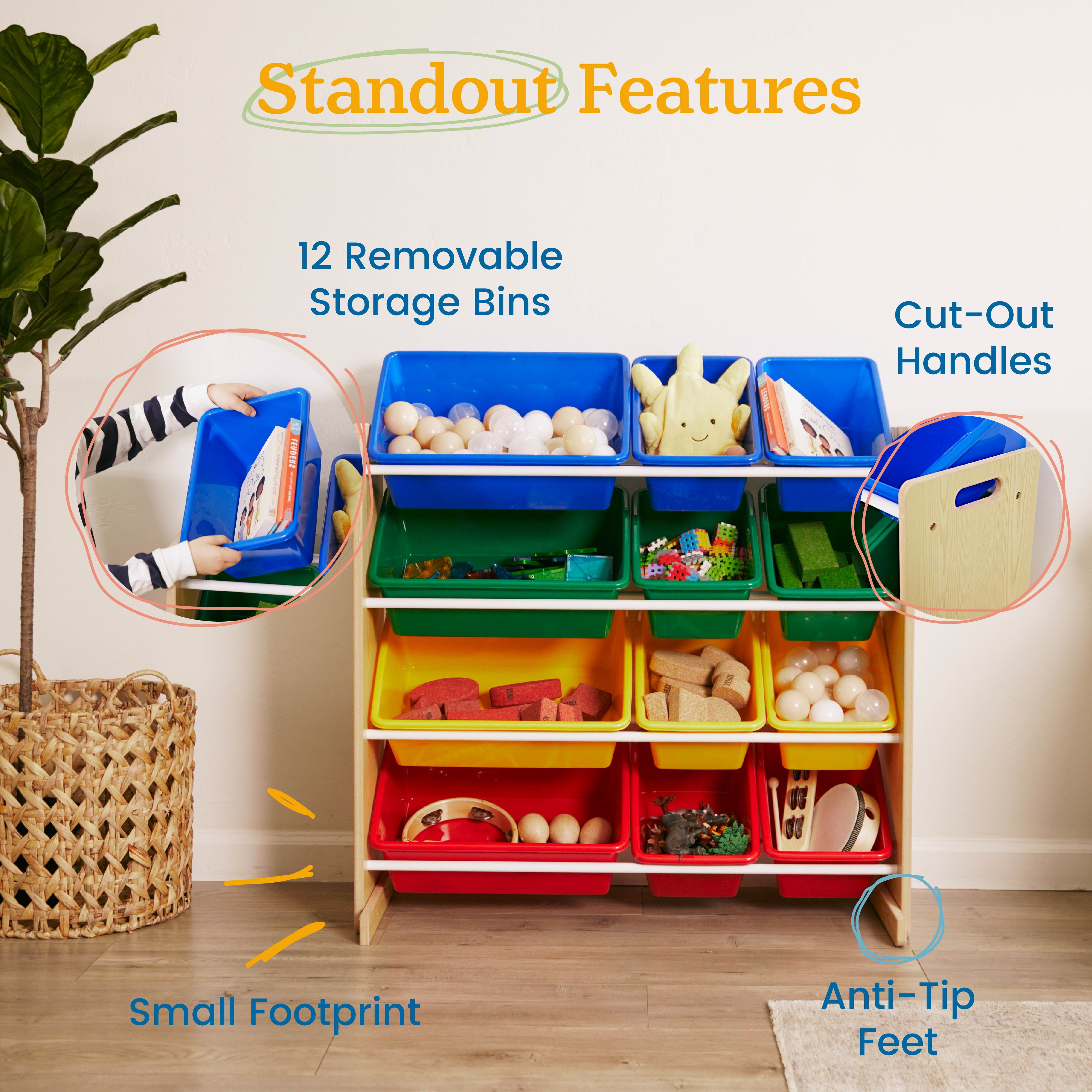 ECR4Kids 4-Tier Organizer with 12 Removable Plastic Bins, 4x3, Toy Storage, Natural/Primary