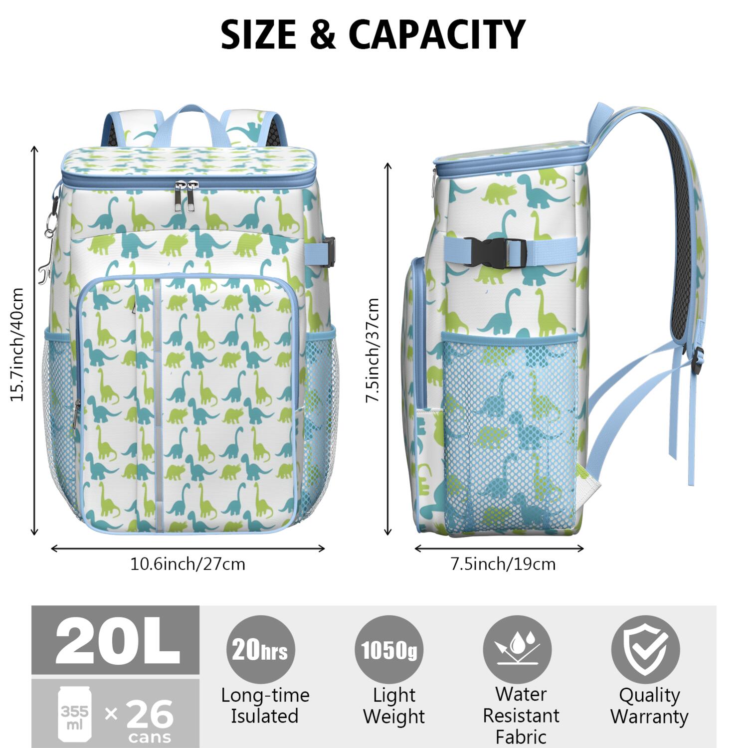 Travel Cooler Bag - Blue Green Cartoon Dinosaurs Silhouettes Pattern Camping Beer Cooler Backpack with Bottle Opener- Waterproof Insulated Picnic Backpacks - Cooler Bag for Beach