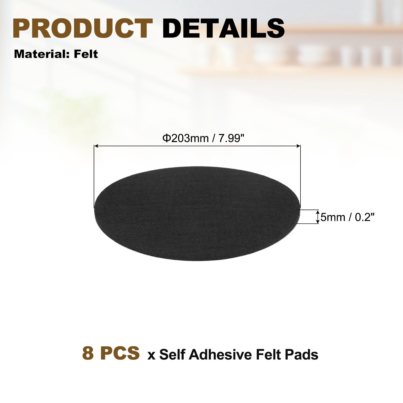 Uxcell 8Pcs Non Slip Furniture Pads, 8" Round Self Adhesive Felt Bumpers Noise Reducing Furniture Feet Floor Protector for Chairs Tables Furniture Legs (Black 0.2" Thick)