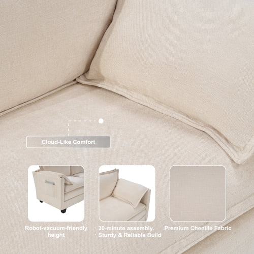 Howcool Cloud Couch Modular Sectional Sofa 3 Seat 107" L Shaped Convertible Couch Chenille Thick Cushion with Ottoman, Removable & Washable Cover for Living Room, Beige