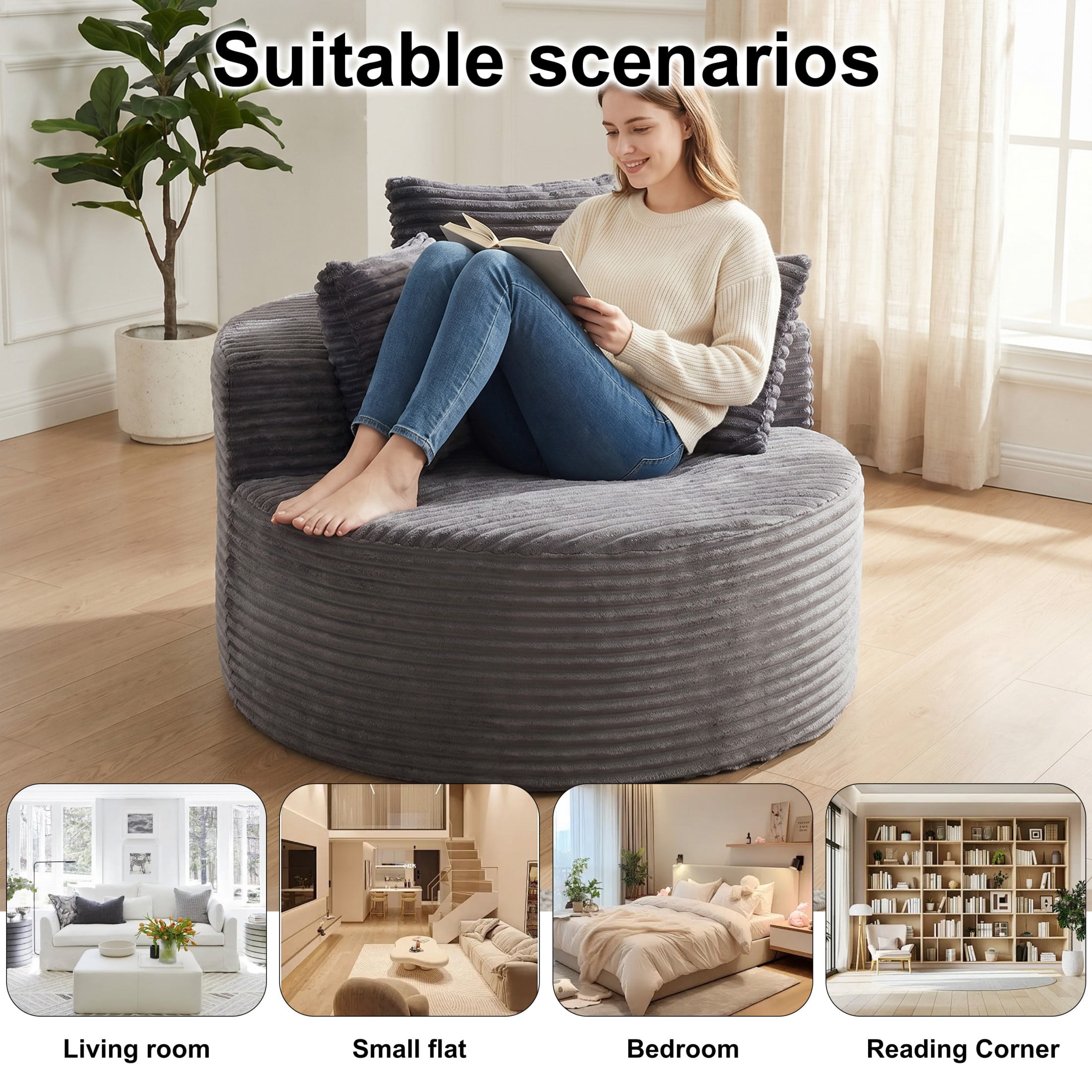 Aukfa 43" Oversized Round Chair with 3 Pillows, Corduroy Cloud Lounge Sofa Chair for Living Room/Bedroom, Gray