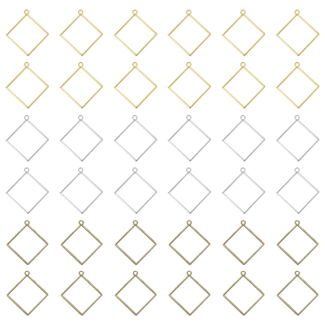 Uxcell Square Alloy Open Back Bezel Pendants DIY Hollow Frame, Bronze, Gold Tone, Silver Tone 60 Pack