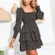 thumbnail image 3 of Vestido corto negro con volantes, escote cuadrado, falda fruncida y espalda descubierta con lazo, talla S, 3 of 6