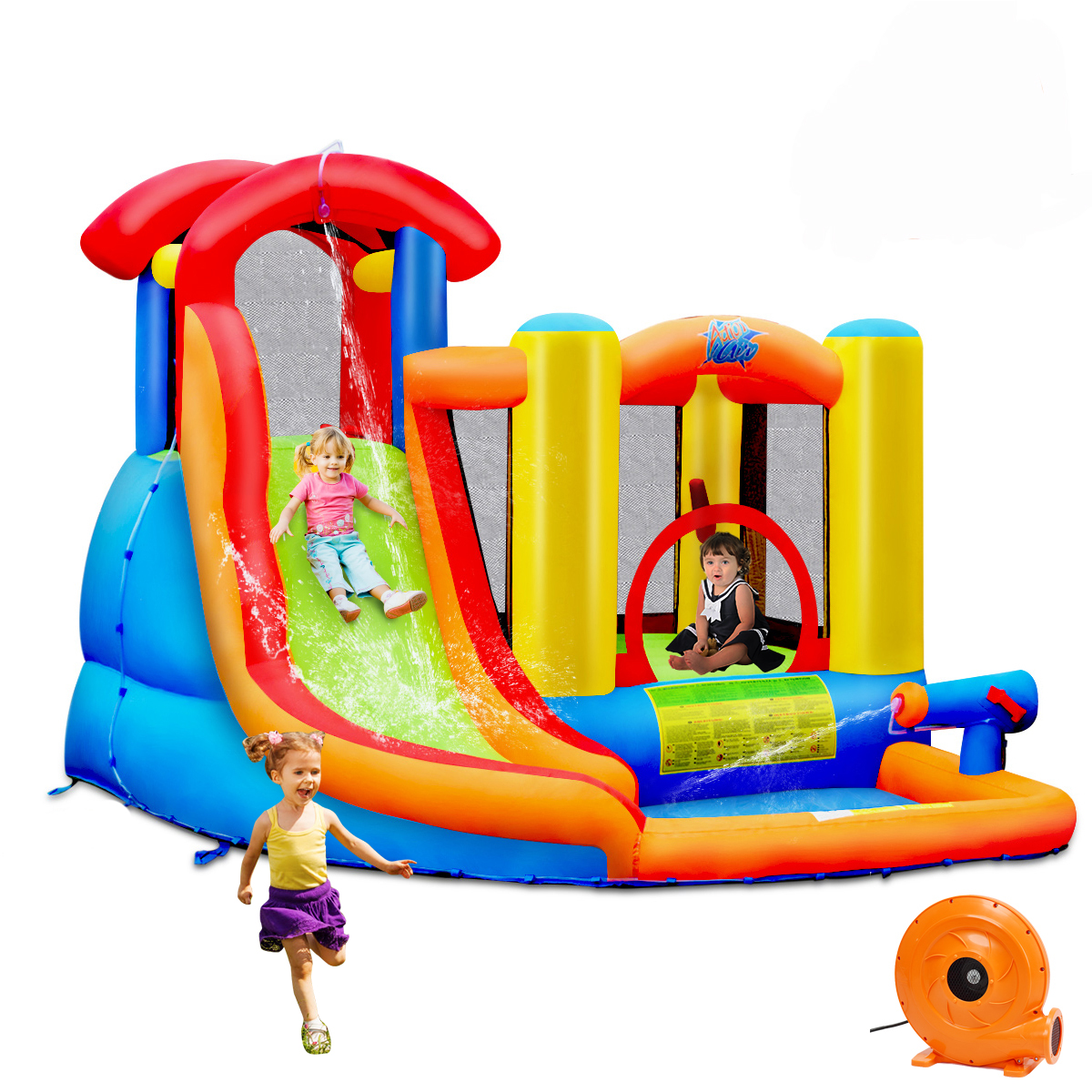 Costway Inflatable Bounce House Kid Water Splash Pool Slide Jumping Castle with 740W Blower