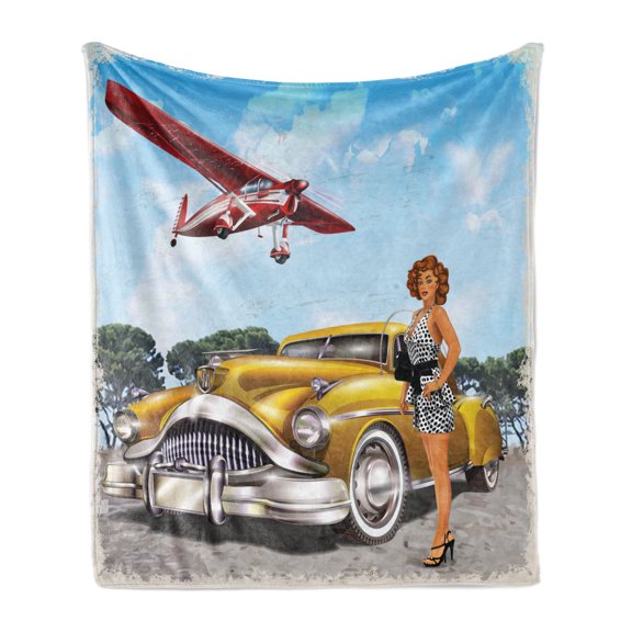 Pin up Girl Soft Flannel Fleece Blanket, Retro Grungy Framed Illustration of Biplane and Classic Car and a Girl Standing, Cozy Plush for Indoor and Outdoor Use, 70" x 90", Multicolor, by Ambesonne