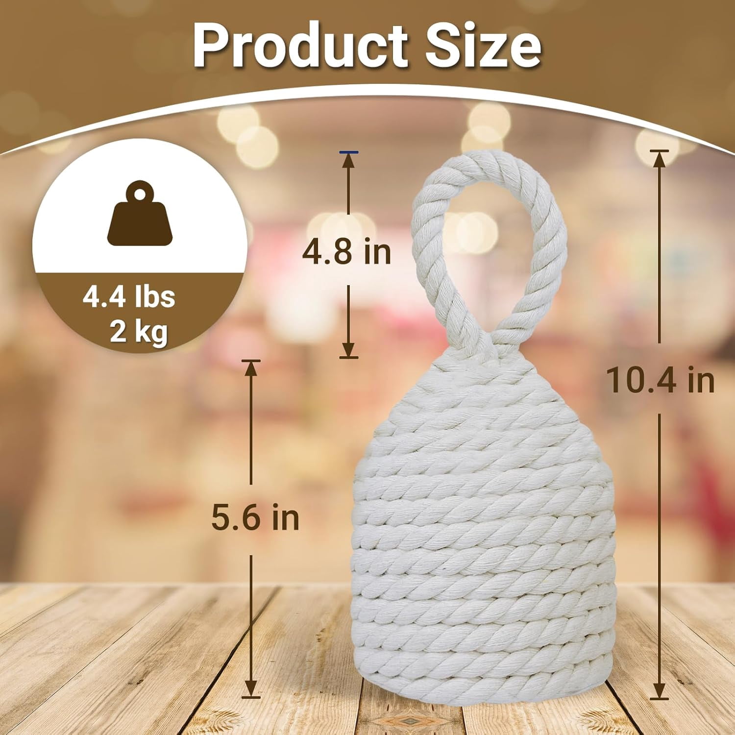 Natural Rope Door Stopper with Handle, Cotton Cute Decorative Door Stop, Heavy Indoor Doorstop, Blocker Keeps Door Open, Window Wedge, Bookend 5.6 inch (4.4lbs, Ivory Cone)