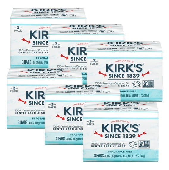 Castile Bar Soap by Kirk’s, Clean Soap Premium Coconut Oil, 6 Pack, 3 ...