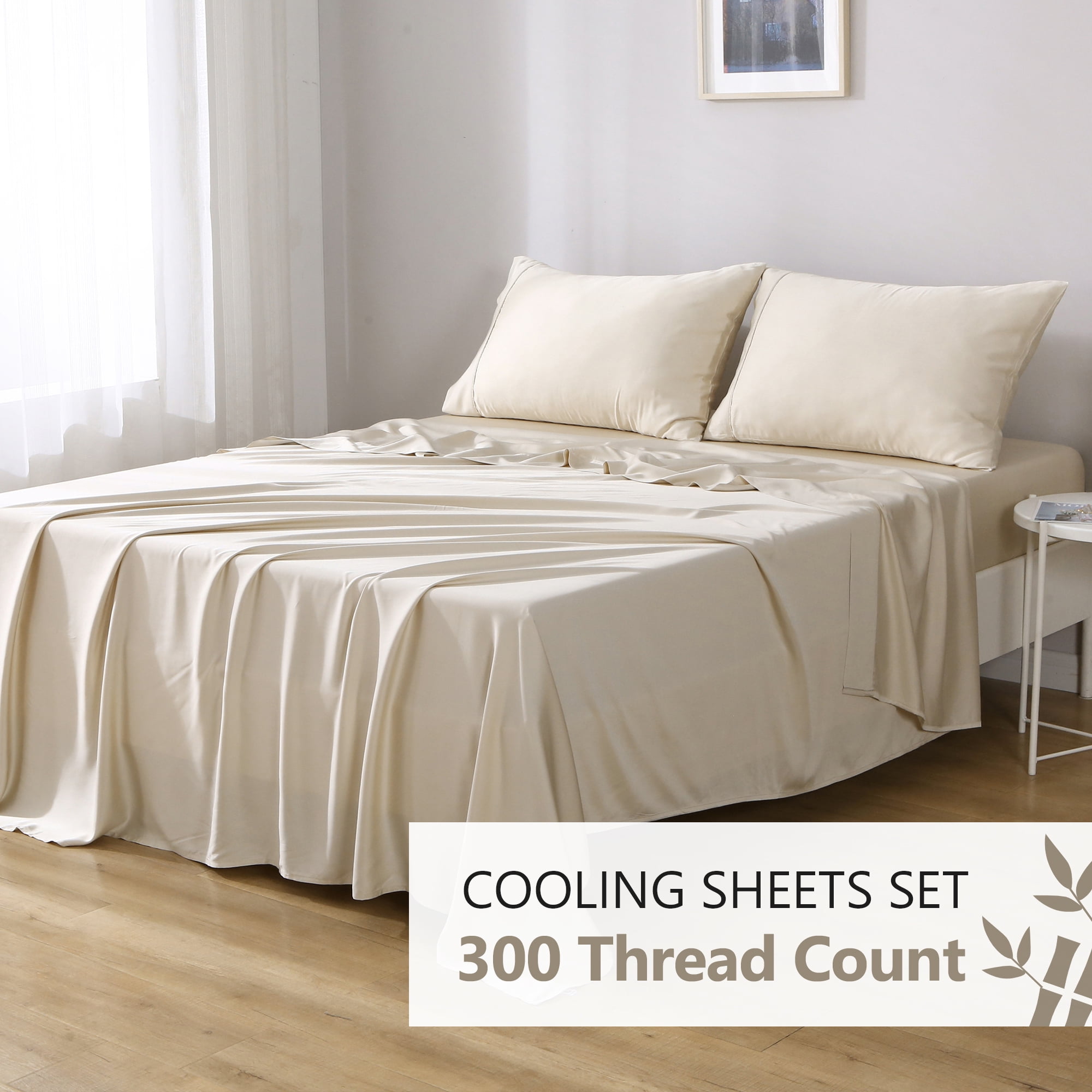 L Linen World 100% Viscose from Bamboo Sheets Set Cal King Size,Bamboo Cooling Bed Sheet 4 Pieces Deep Pocket Sheet,Silky Soft,Breathable(Champagne,Cal King)
