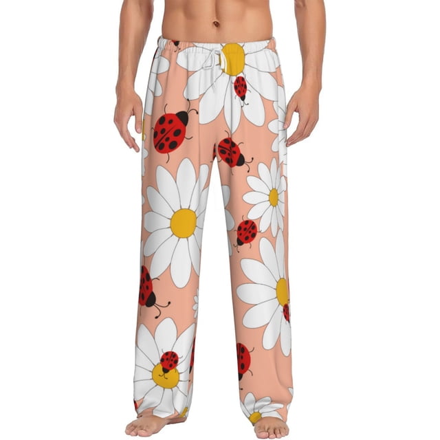 Kdxio Daisy and Ladybug Print Mens Pajama Pants Set Sleep & Lounge Pants, PJ Bottoms with Pockets and Button Fly-X-Large
