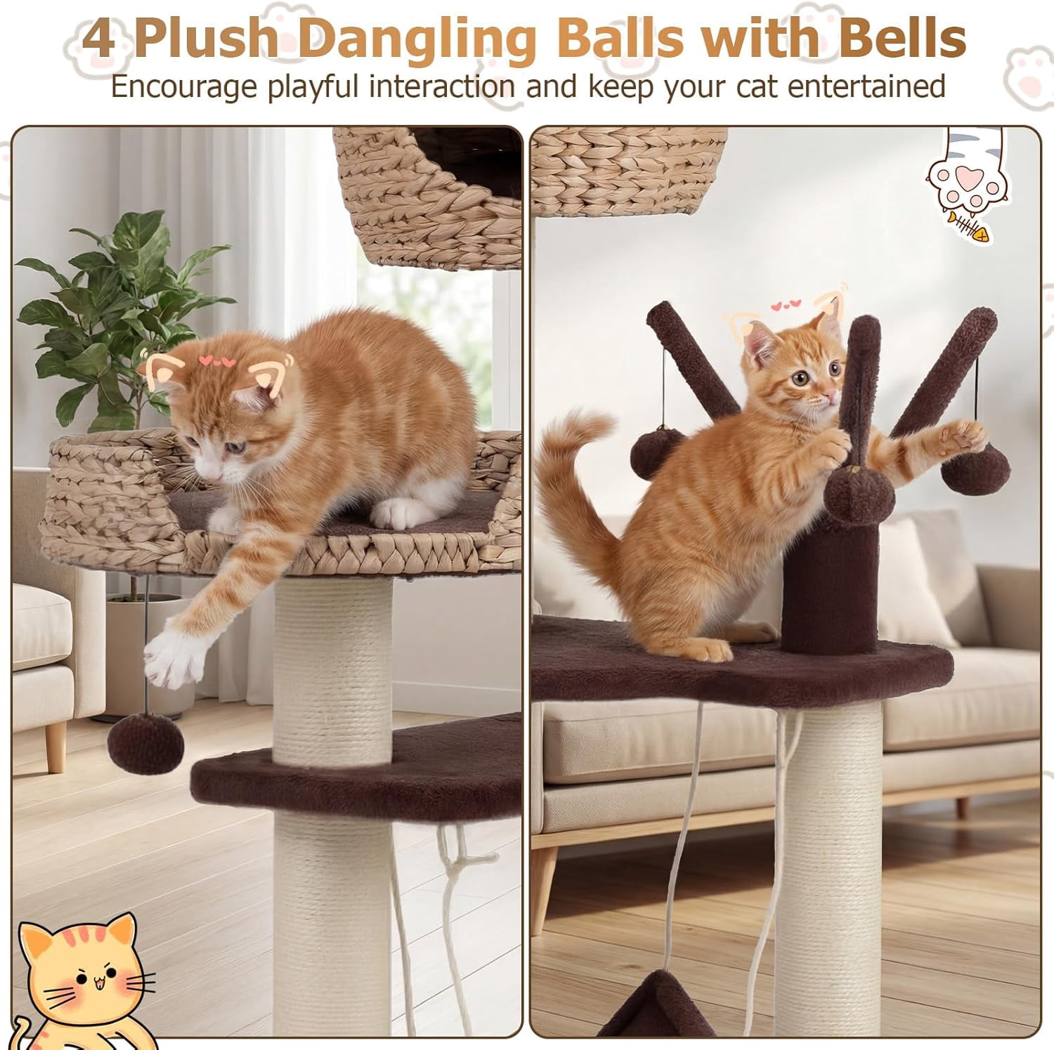 LEHOME Modern Cat Tree Tower, Multi-Level Tall Activity Center with Natural Sisal Scratching Posts, Hammock, Hand-Made Cattail Cute Condo with Funny Toy Balls (Brown)