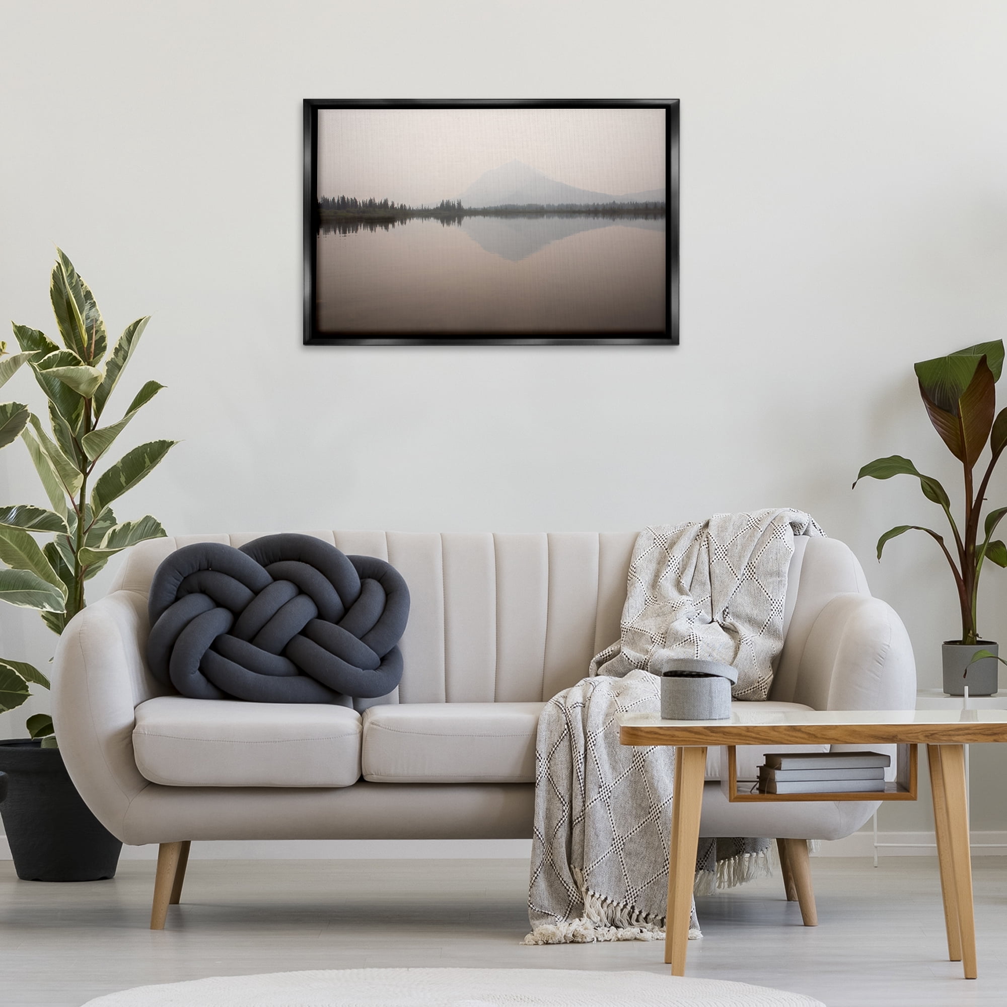 Stupell Industries Mountain Peak Reflecting Lake Landscape & Nature Photography Black Floater Framed Canvas Art Print Wall Art, 31 x 21
