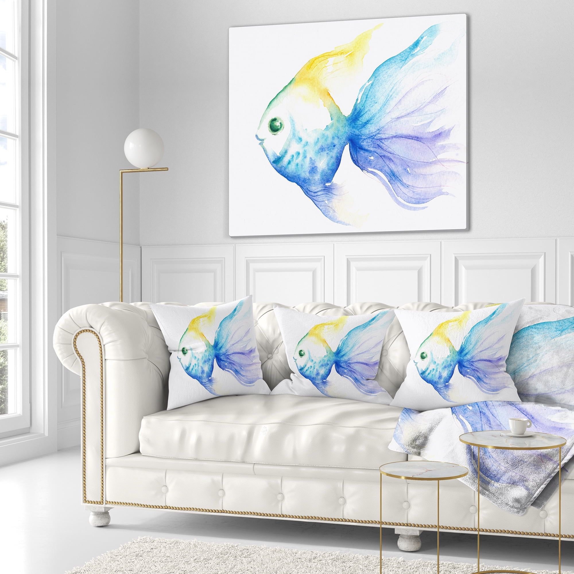Designart Lovely Blue Fish Watercolor - Abstract Throw Pillow - 16x16