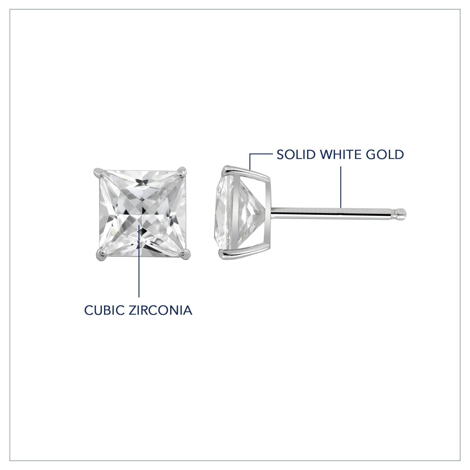 DIAMONBLISS 10K Real Solid Gold Stud Earrings for Women | 10K White Gold Princess Cut Solitaire Studs | 4 carat Cubic Zirconia CZ Diamond Simulant