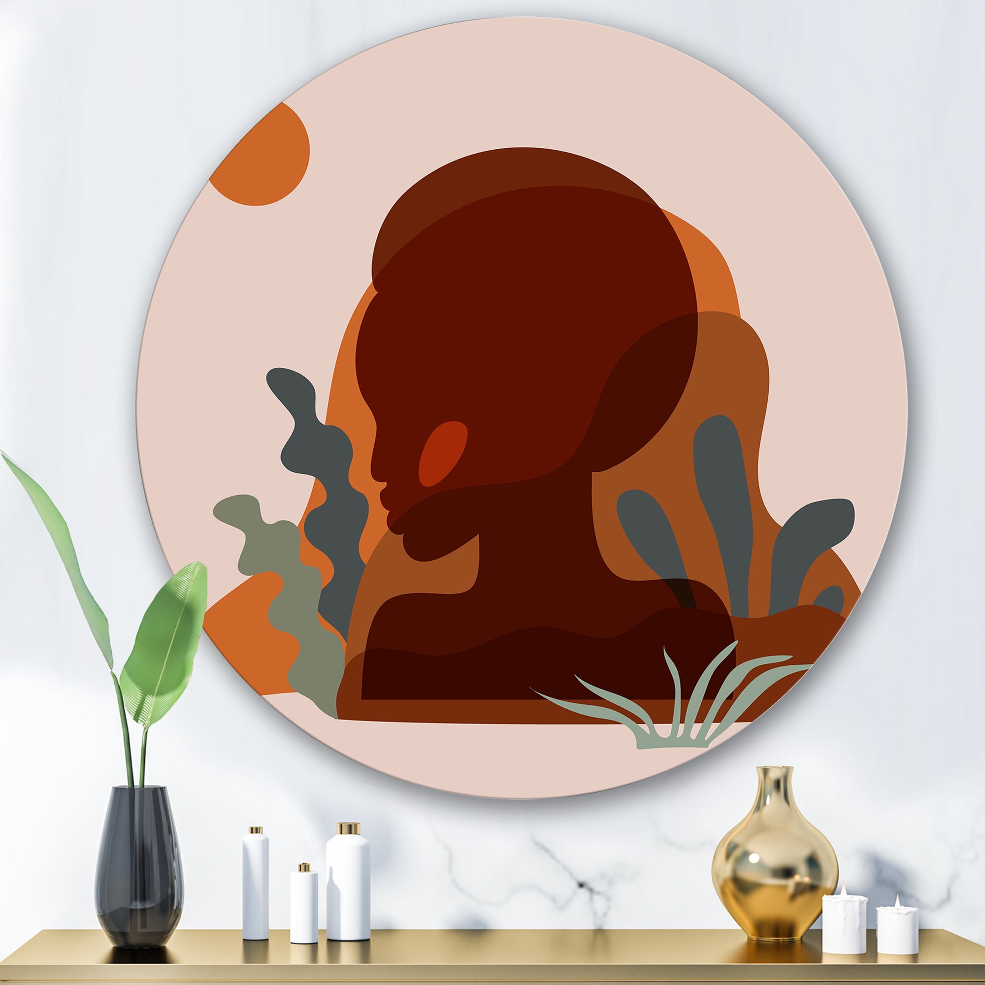 Designart 'Minimal Silhouette Of African American Woman' Modern Circle Metal Wall Art 29x29 - Disc of 29