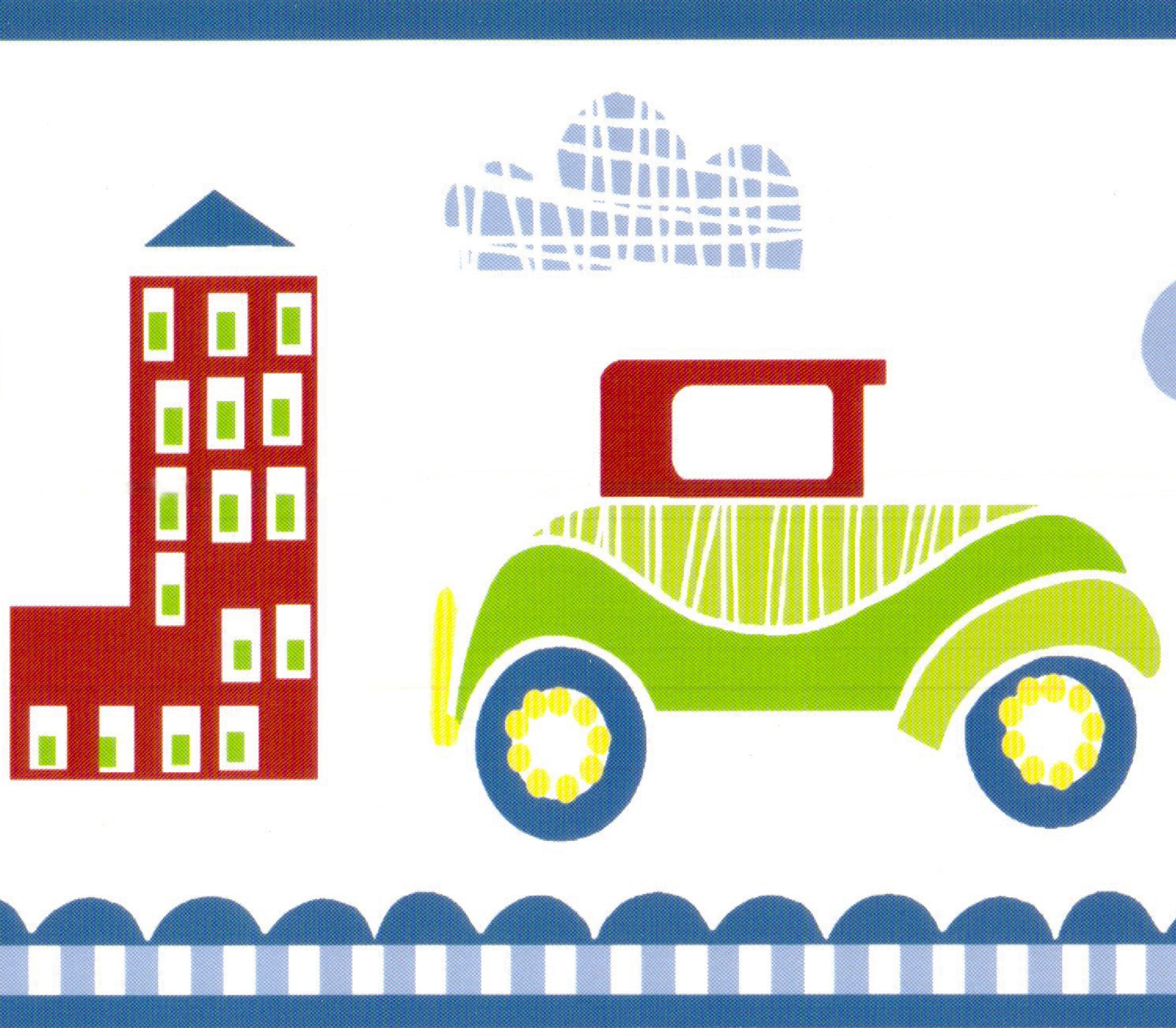 Dundee Deco Prepasted Wallpaper Border - Kids Red, Green, Blue, Yellow Cartoon Retro Cars, City, 15 ft x 6 in