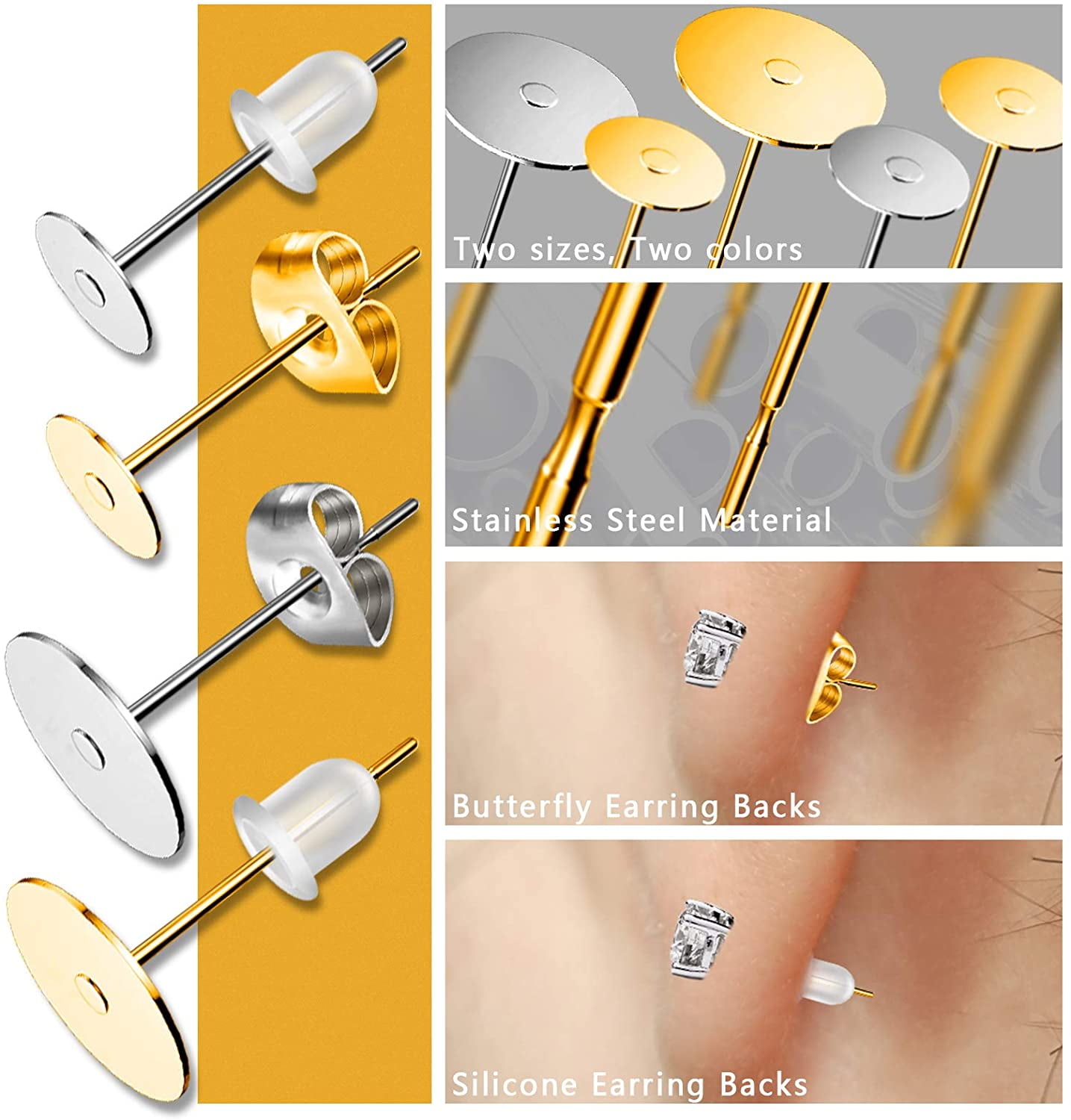  1460 Pcs Earring Making Kit Hypoallergenic Earring Posts and  Backs for Jewelry Making Findings DIY Earring Studs Butterfly Earring Backs  Rubber Bullet Earring Backs Earrings Flat Pad with Blank Pin 