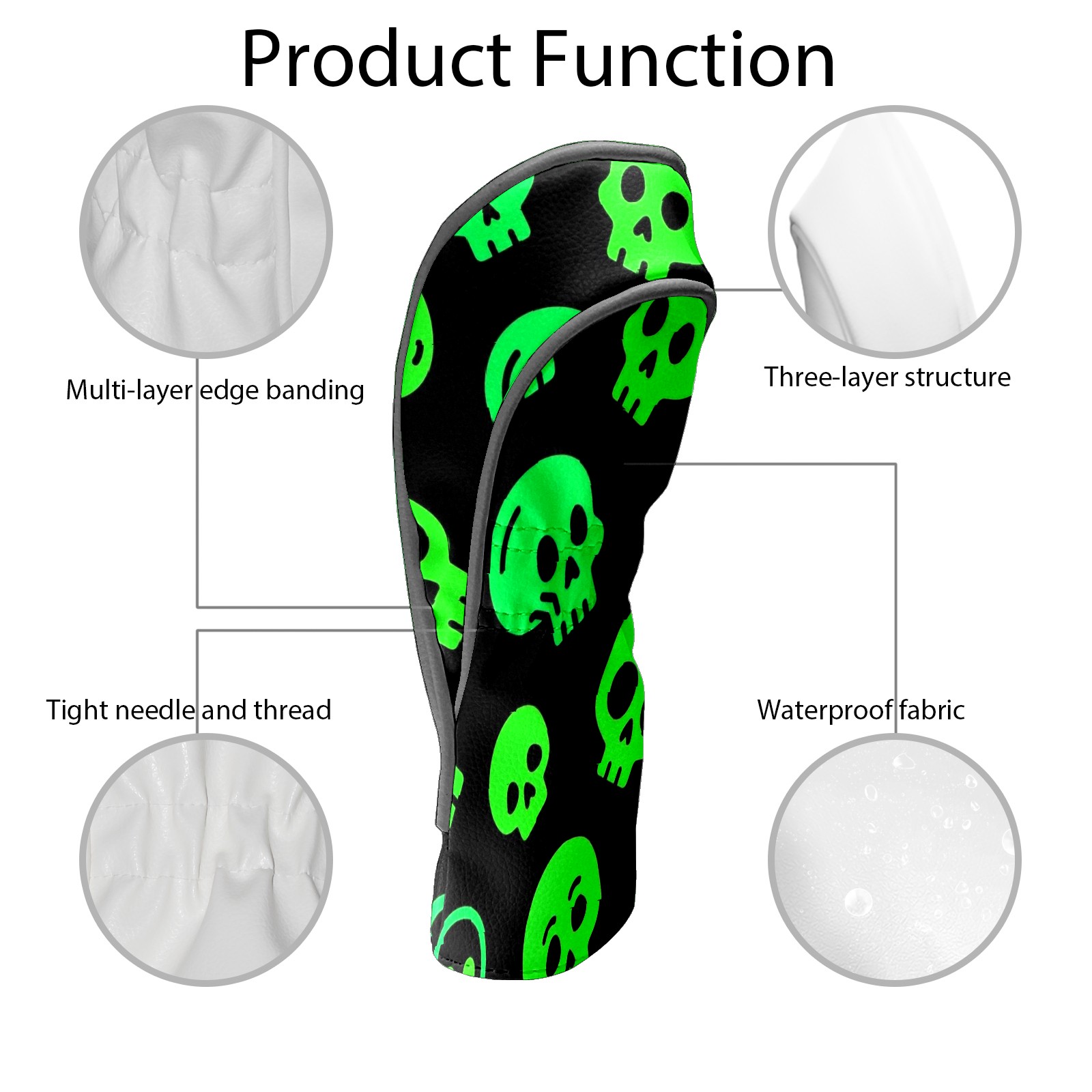 Golf Club Covers, Green Skeleton Premium PU Leather Driver Hybrid Putter Head Covers with Velvet Lining, Waterproof Golf Gifts for Men Women