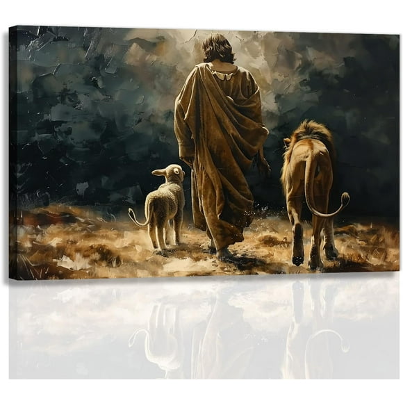 RAYZEL Retro Jesus Canvas Wall Art Religious Painting Jesus Walking With Lamb And Lion Picture Print for Faith Decoration Homes Chur Christians Decor(Art-1) Unframe: 10x8in
