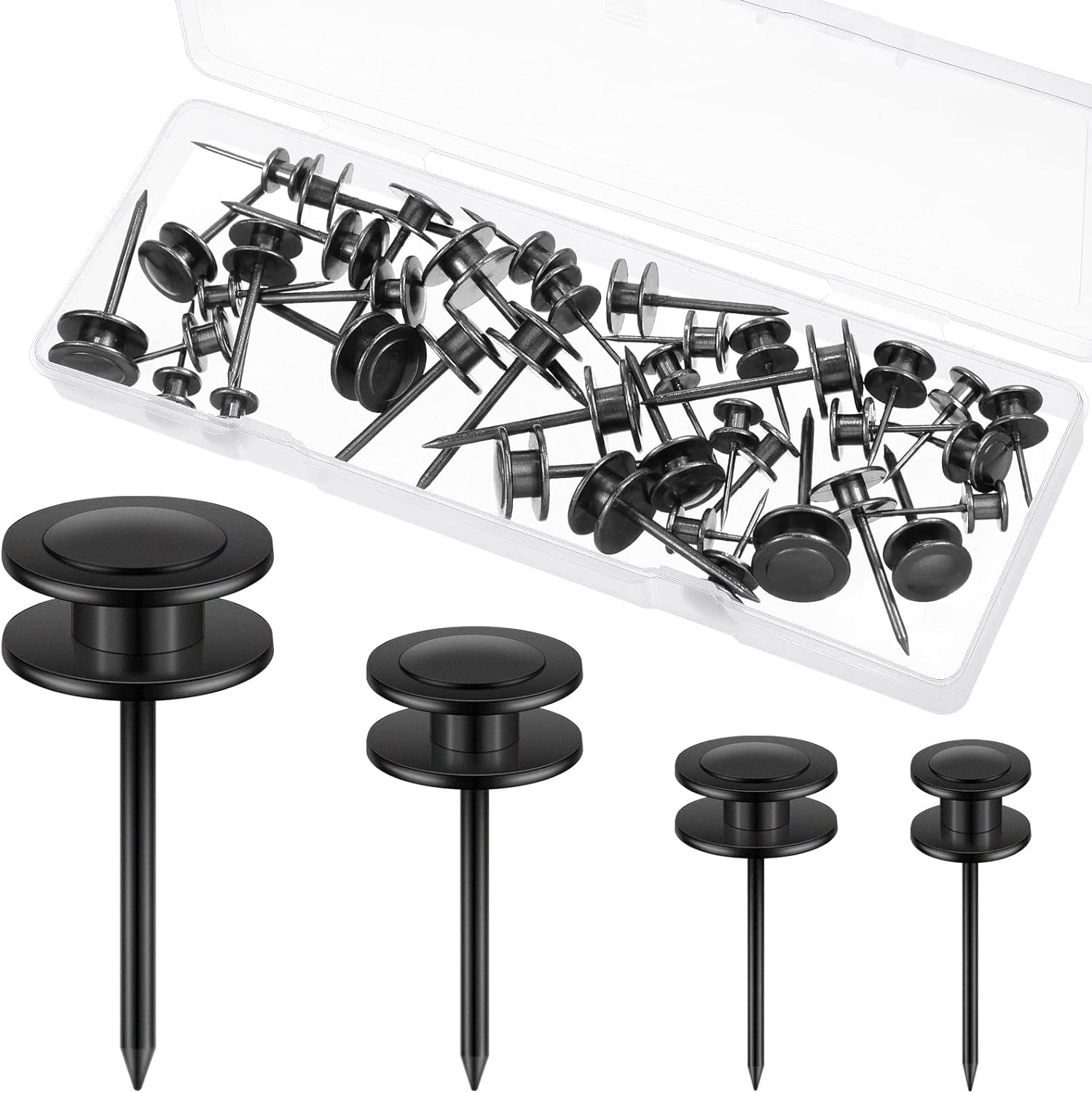 FEFEFW-40 Piece Double Headed Picture Hangers Nails 4 Size Thumb Tacks for Wall Hanging Renter Friendly Decor Heavy Duty Push Pins Wall Nails for Drywall Frame Art, 10/20/ 30/ 50lb(Black)