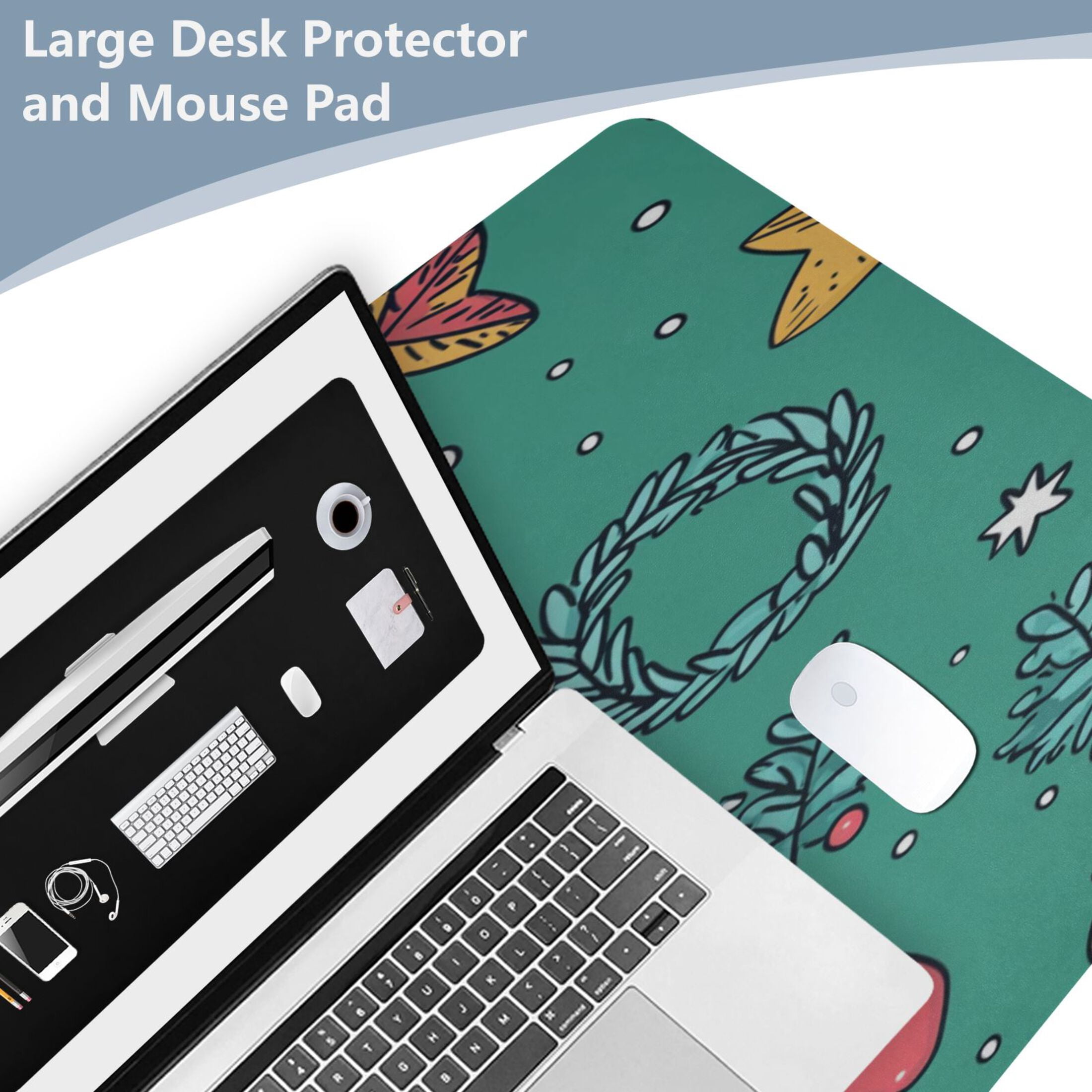 Wobogo Cartoon Christmas Patterns with Simple Lines Gaming Mouse Pad Non-slip Leather Desk Mat Water Resist Keyboard Pad for Gamer Office 23.6×47.2in