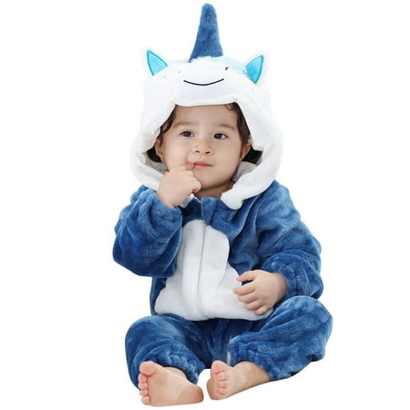 

Fleece Baby Bunting Bodysuit – Infant Pajamas Kids Hooded Romper Outerwear Toddler Jacket (Blue Unicorn)