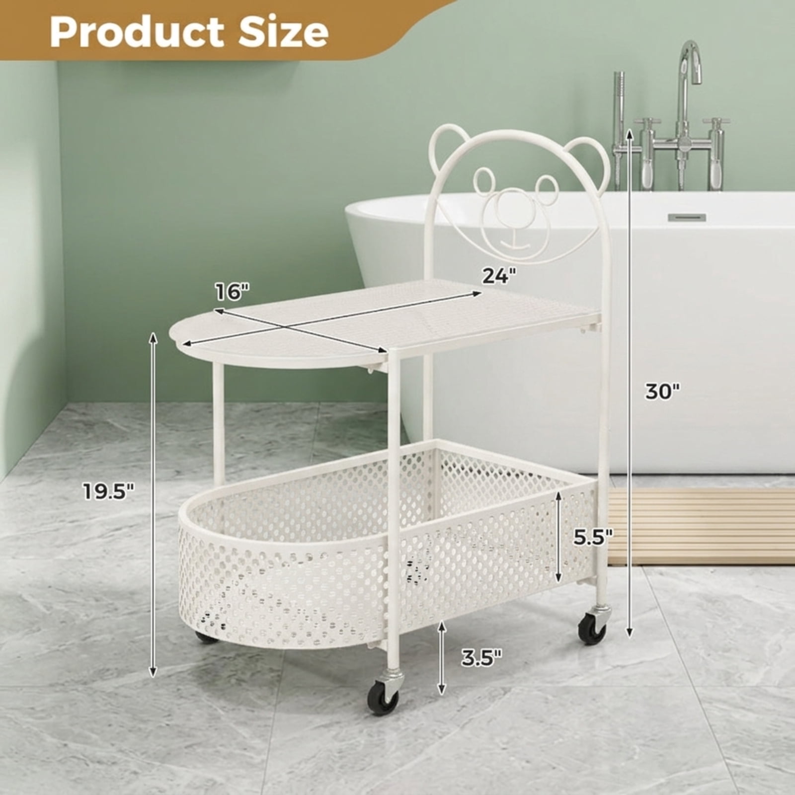 Furnibear 2 Tier Mobile Glass Coffee Table with Rolling Casters and Bear Pattern Storage Basket for the Small Living Room, White