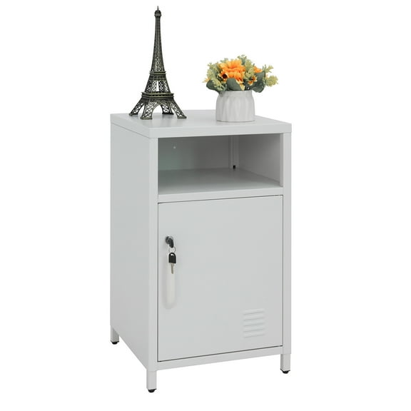 Night Table Lockable End Table Coffee Table Metal Locker Bedside Storage Cabinet,White