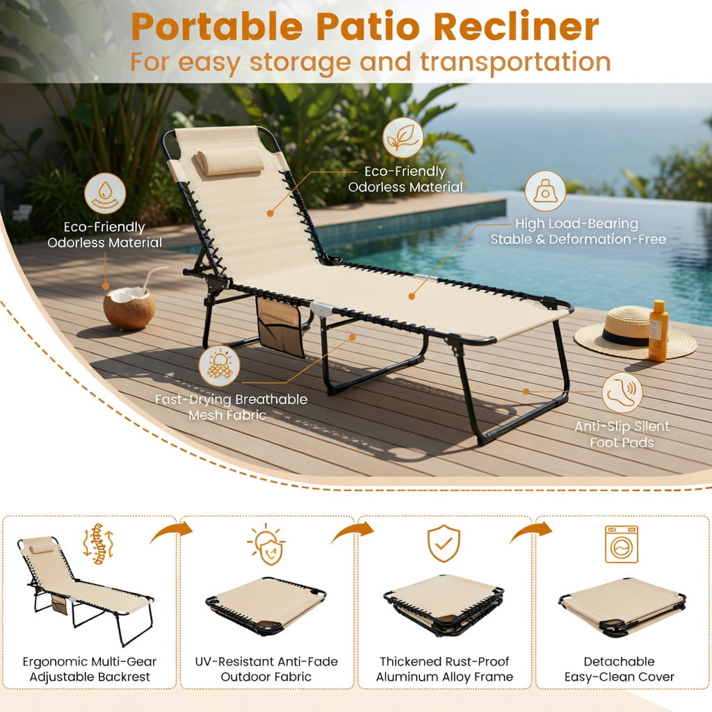 Hommoo 4-Position Adjustable Folding Lounge Chair, Chaise with Removable Headrest, Heavy-Duty Steel Frame, Perfect for Poolside, Backyard & Camping, Beige