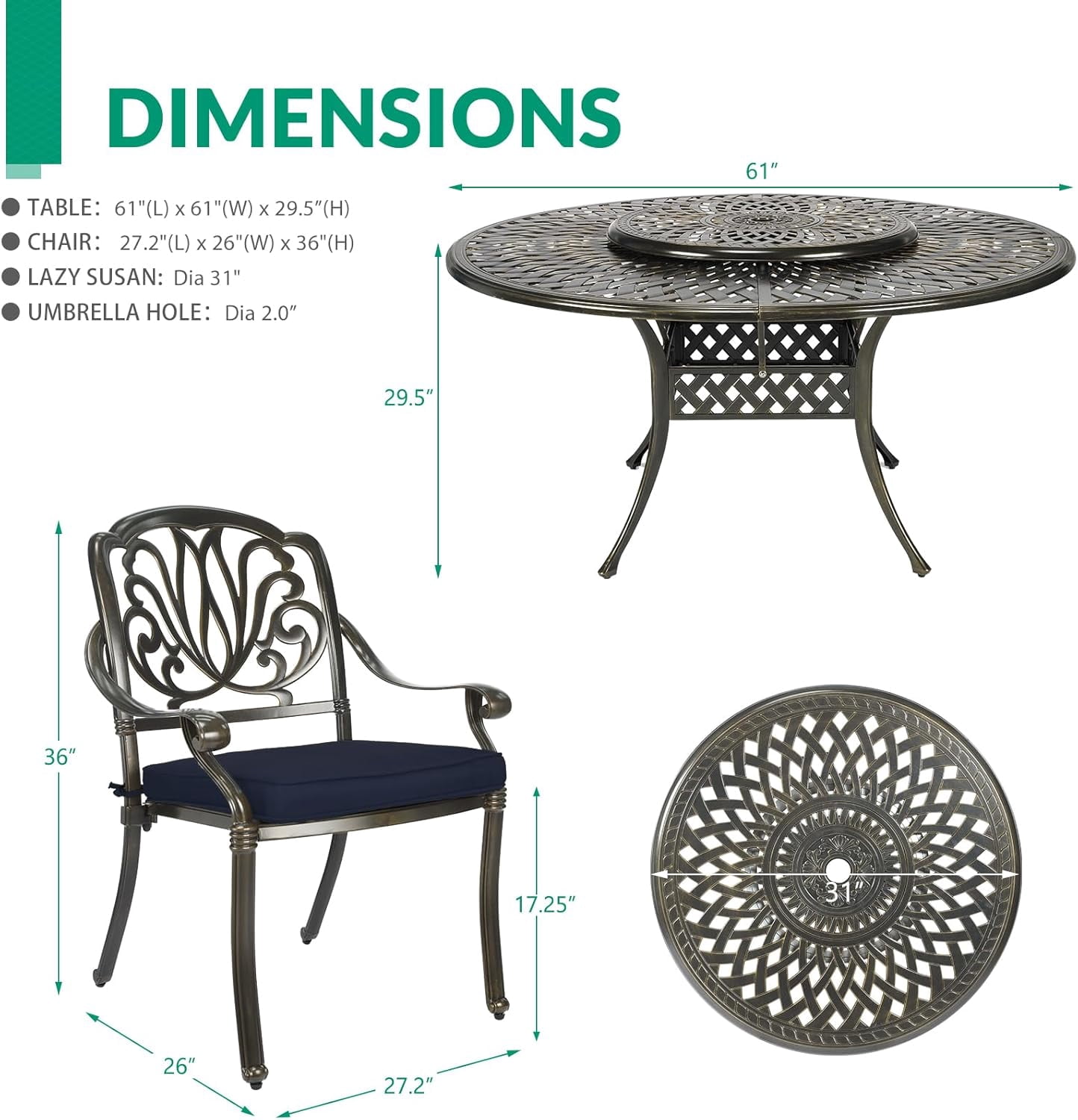 VIVIJASON 9-Piece Patio Furniture Dining Set, Cast Aluminum Rust-Free Outdoor Conversation Set, Include 61" Round Dining Table with 31" Lazy Susan & 8 Cushioned Chairs, Umbrella Hole, Navy Blue