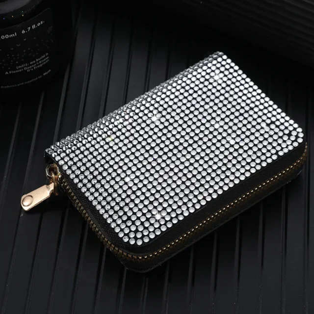 Bolsa de almacenamiento de tarjetas para mujer, monedero elegante, cartera pequeña con diamantes de imitación para mujer, tarjetero con cremallera