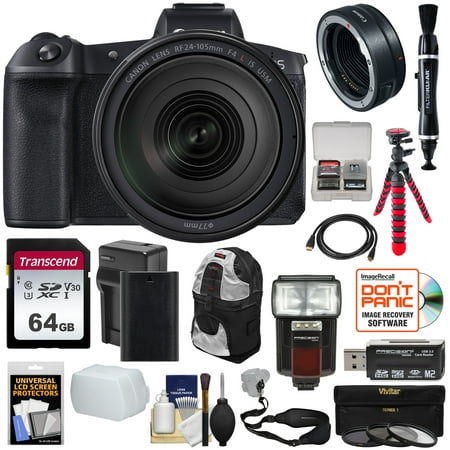 Canon EOS R Full Frame Mirrorless Digital Camera + 24-105mm f/4 L IS Lens + Mount Adapter + 64GB Card + Battery + Filters + Backpack + Strap + Tripod + Flash