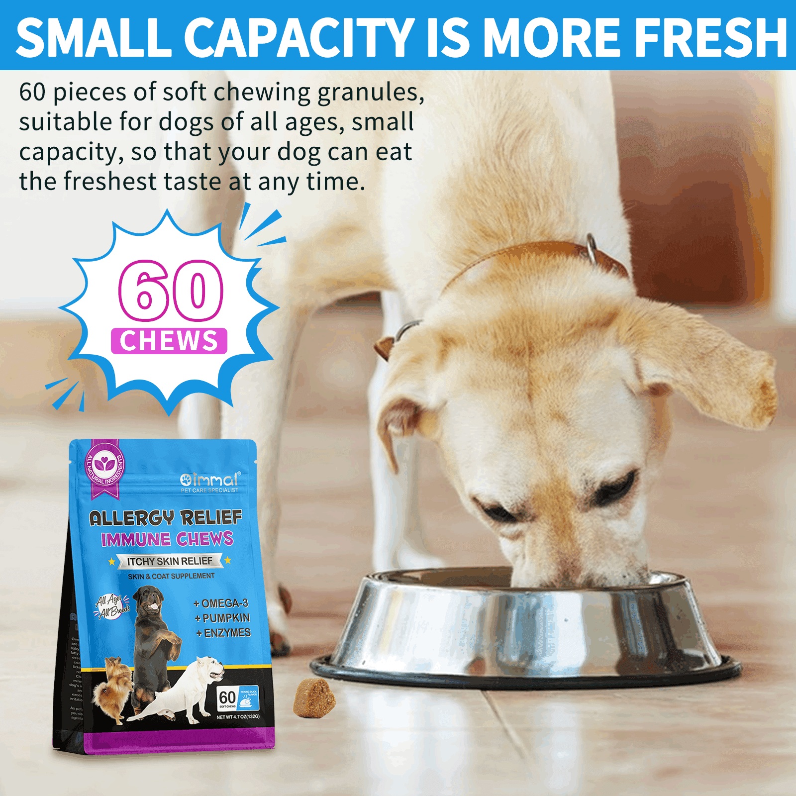 Oimmal Allergy Relief Immune Chews for Dog, Anti-Itch Skin & Coat Supplement with Omega 3 Fish Oil | Itchy Skin Relief - Help with Paw Licking, Dry Skin, Hot Spots (60 Treats - Peking Duck) 5Pack