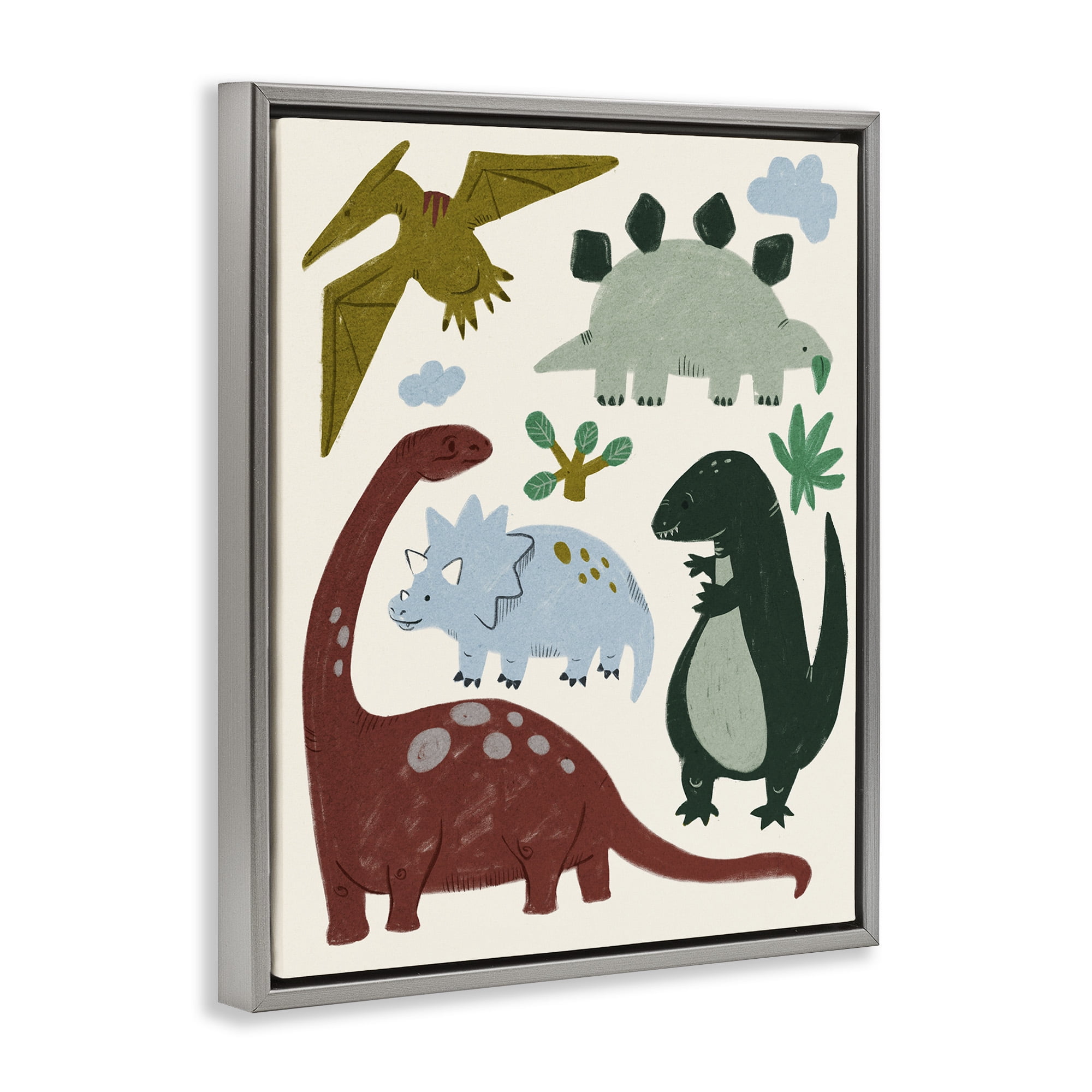 Stupell Industries Colorful Cartoon Dinosaur Friends Animals & Insects Painting Gray Floater Framed Canvas Art Print Wall Art, 17 x 21
