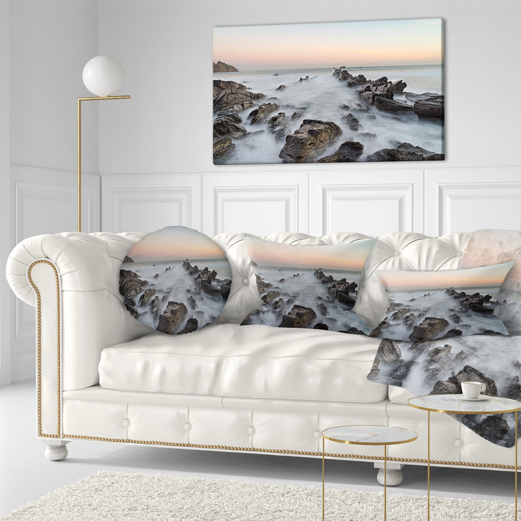 Designart Rocky Beach with White Waters - Modern Seashore Throw Pillow - 12x20