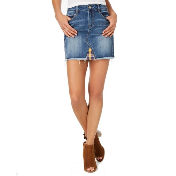 Junior Plaid Contrast Denim Mini Skirt 25