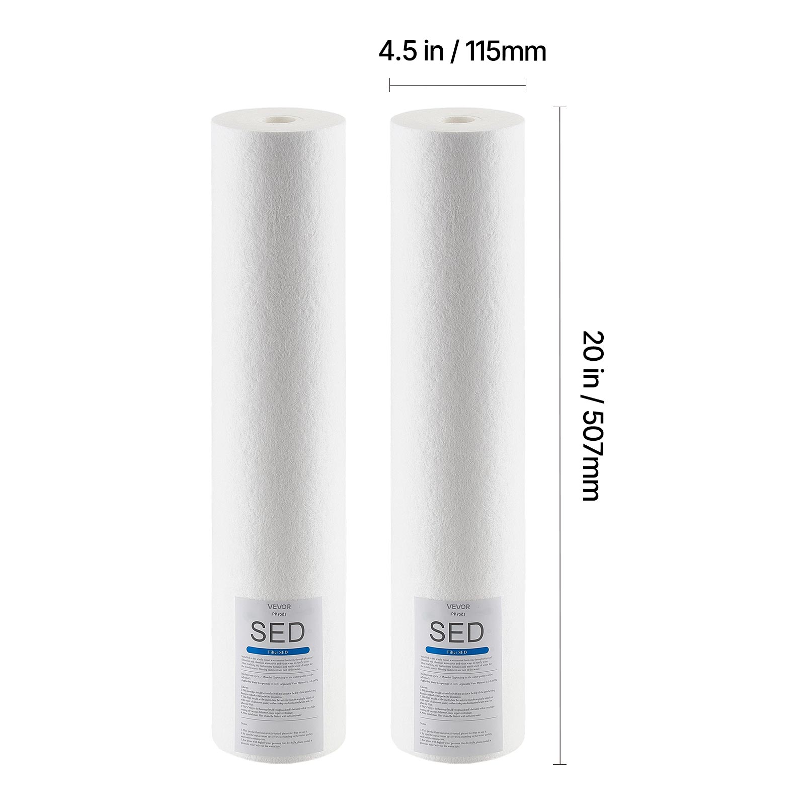 VEVOR Whole House Water Filter Replacement Cartridge, 4.5" x 20" Polypropylene Sediment Filter for 3-Stage Whole Home Water Filtration System, Reduce Sand, Rust, Chlorine, Bad Taste, Odor