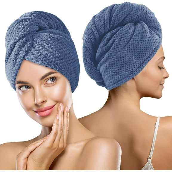 GCASLK-2 Pack Microfiber Hair Towel Wrap for Women Super Absorbent Quick Dry Hair Turban for Drying Curly, Long Thick Hair, Blue
