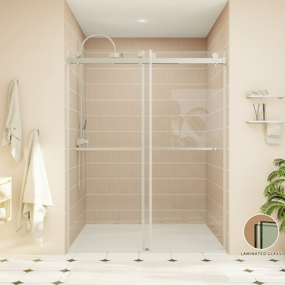 ExRoll-P Allsumhome 56"-60"W x 76"H Frameless Double Sliding Shower Door,10mm Tempered Glass Shower Enclosure,Easy Clean Coat,Brushed Nickel,Buffer