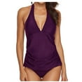 thumbnail image 2 of Meichang Solid Color One Piece Swimsuits for Women Sexy Ruffle V Neck Halter Bathing Suits Slimming Tummy Control Pleated Swimsuits Beachwear Swimwear, 2 of 6