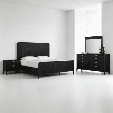 JERFIT Modern Black Wood 4-Piece Eastern King Bedroom Set with Dresser Mirror & Nightstand Transitional Style