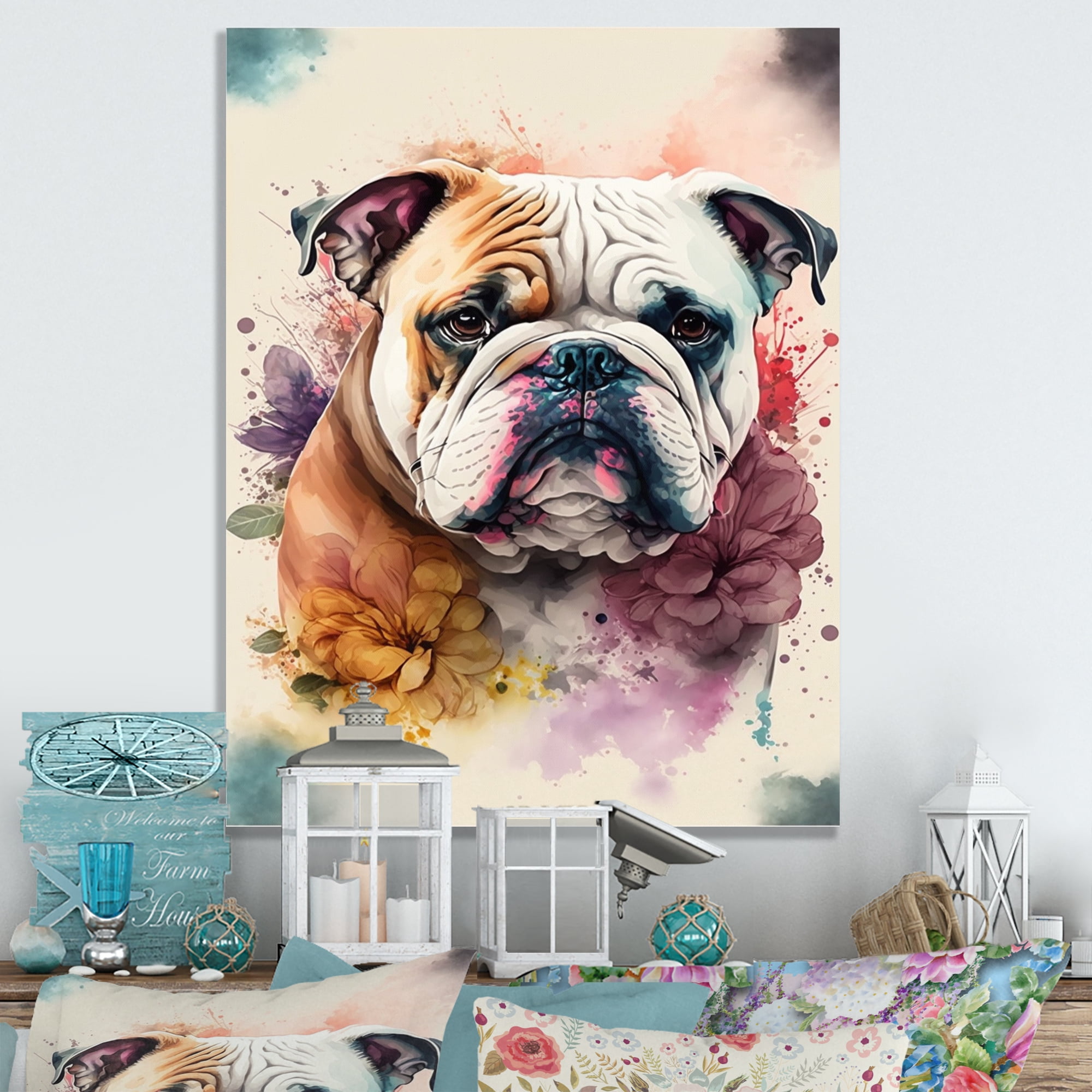 Designart Cute Bulldogs Floral Art Canvas Wall Art