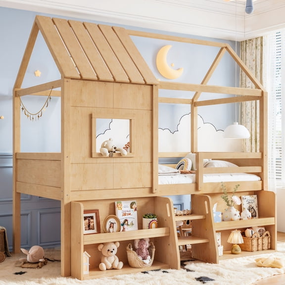 Bellemave Twin Size Low Loft Bed with Storage Shelves And Stairs, Wooden House Toddler Loft Bed with with Under-Bed Play Space, Kids Loft Bed with Bookcase for Bedroom (Natural)