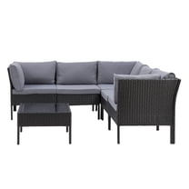 CorLiving Black Wicker / Rattan 6-Pc Patio Sectional Set with Cushions & Table