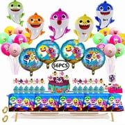 56 Pcs Baby Shark Birthday Decorations | Ocean Themed Family Party Decorations Kit - Latex Balloons, Foil Balloons, Tablecloth, Cupcake Toppers